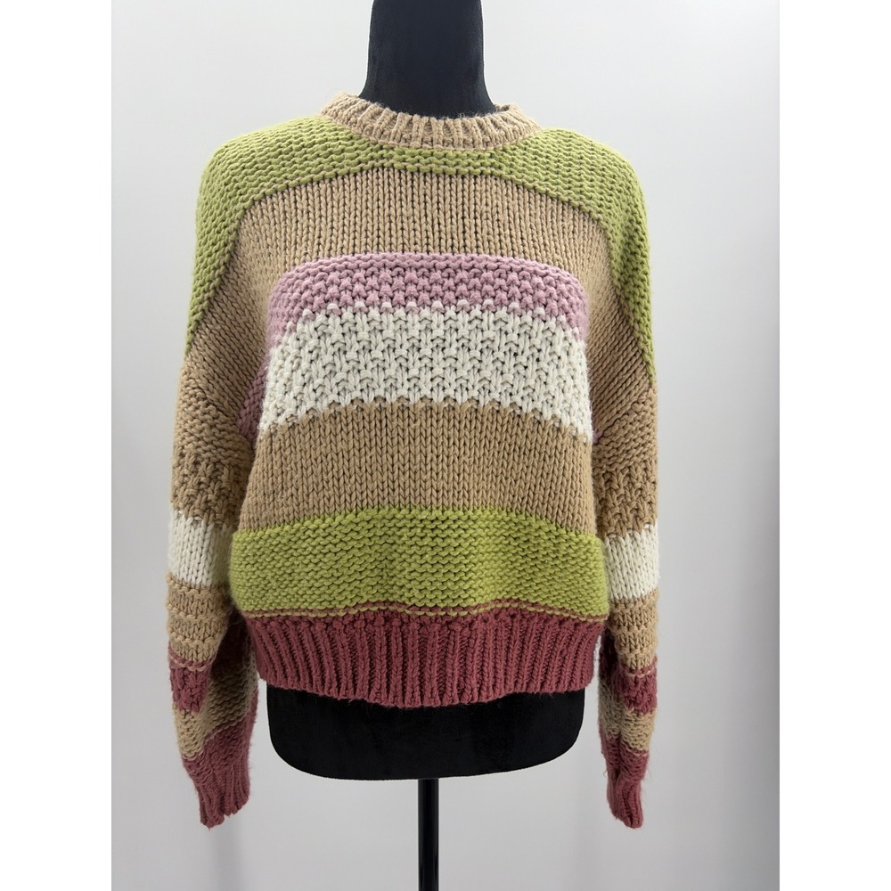 Full Tilt Women Large Chunky Knit Striped Sweater Green Tan Pink Crew Neck Boho